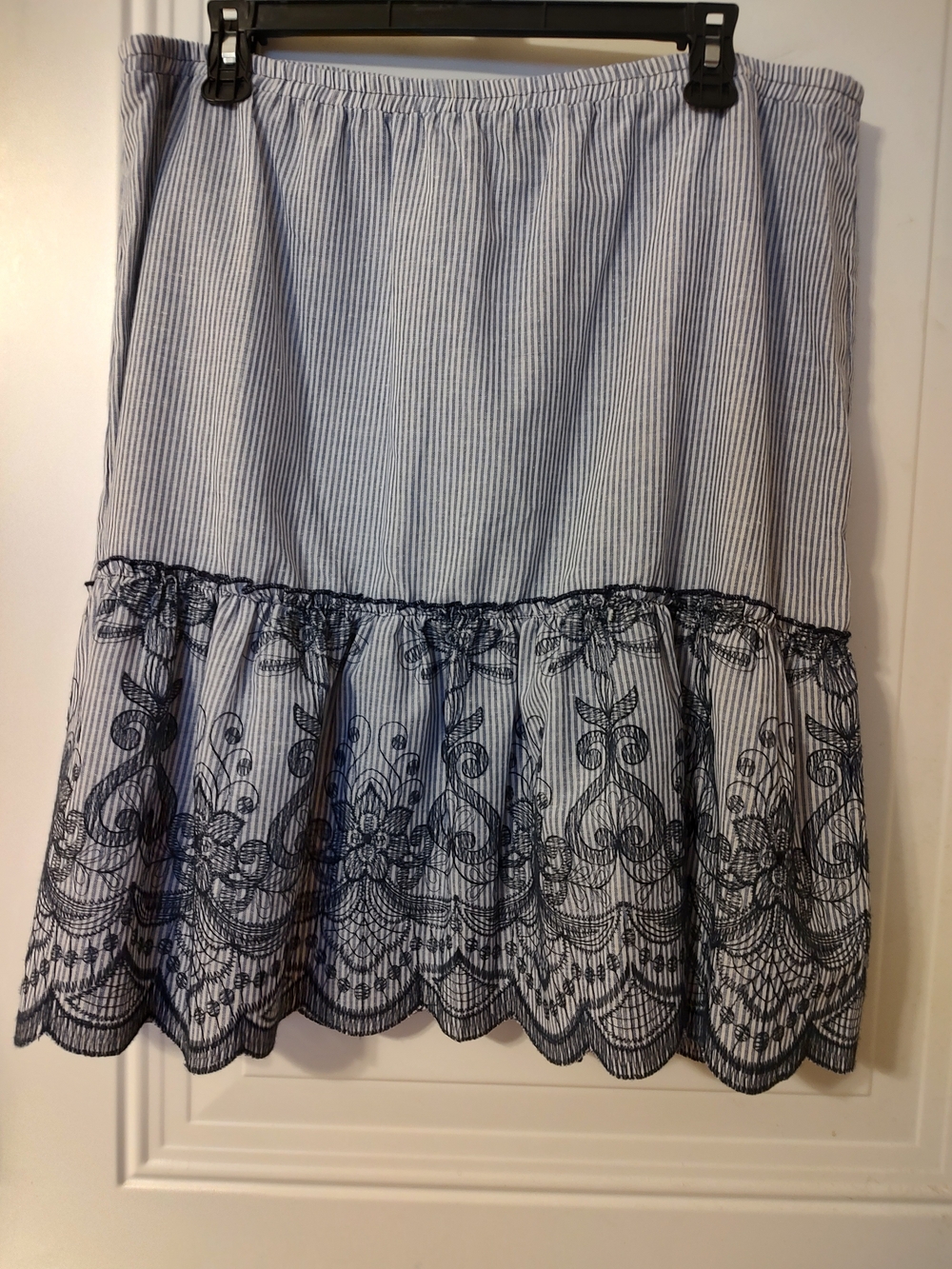 Melissa Paige Light Blue Pinstripe Skirt with Navy Lace Hem